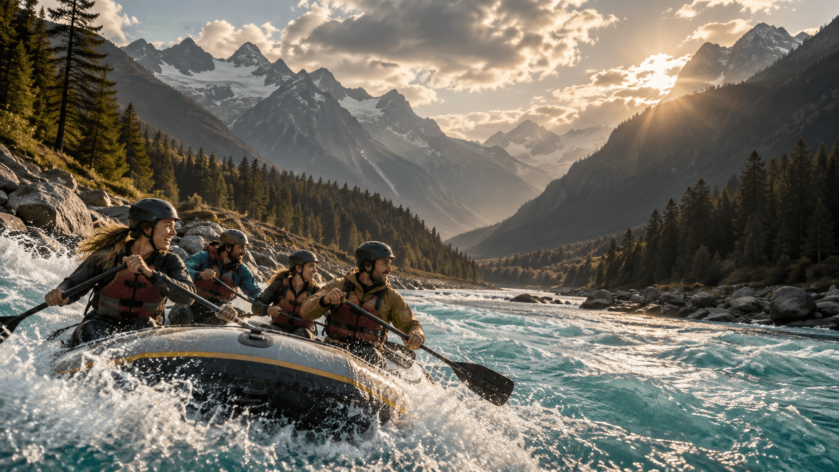 Rafting auf einem türkisfarbenen Alpenfluss vor der Bergwelt des Ötztals